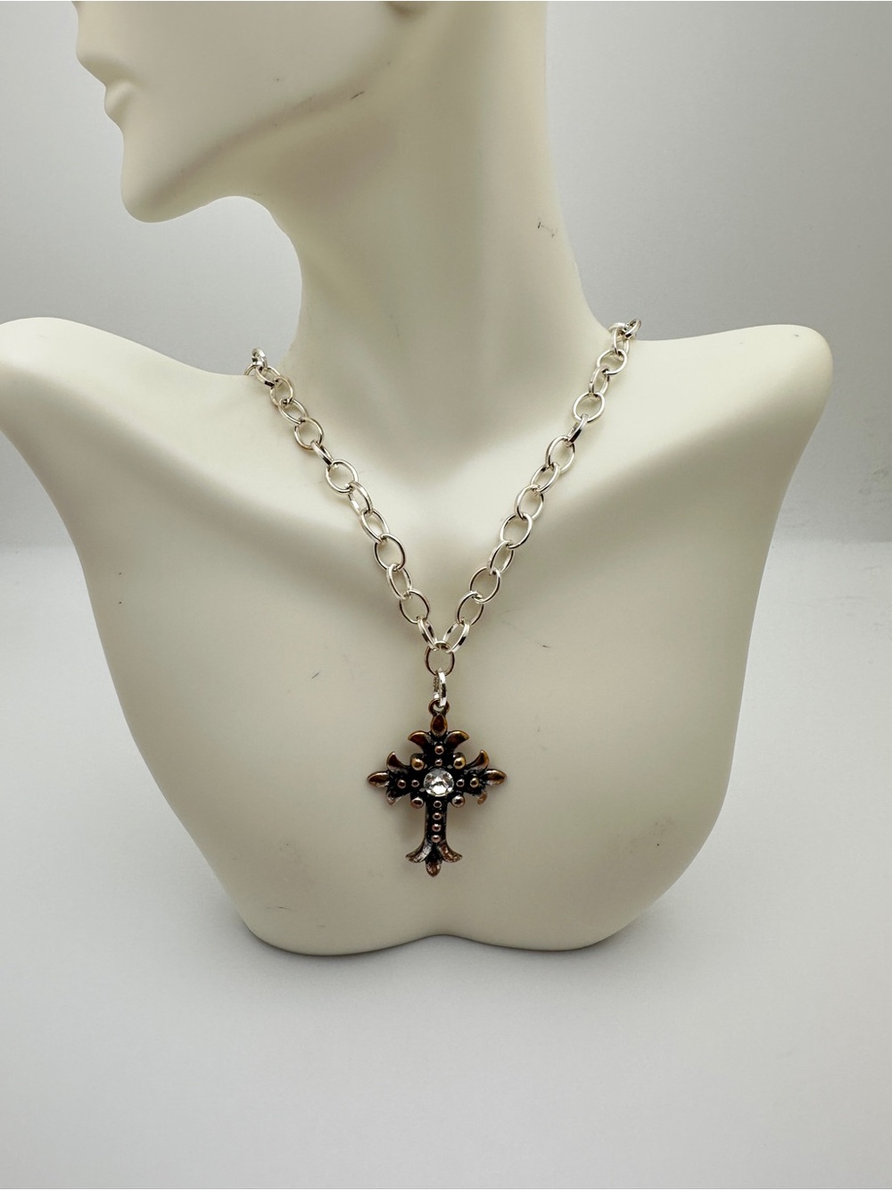 Antique-Style Bronze Cross Pendant Necklace with Clear Crystal